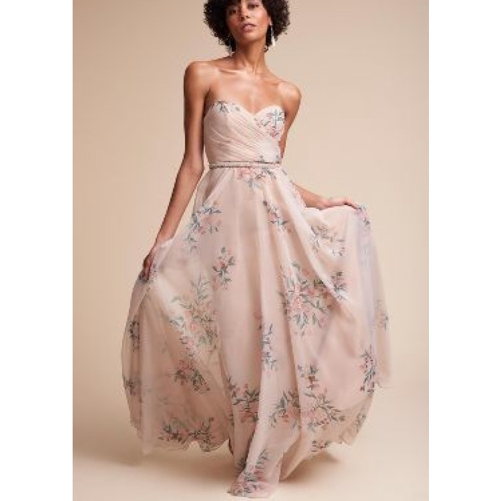 BHLDN Strapless Floral Gown in Cream and Pink
